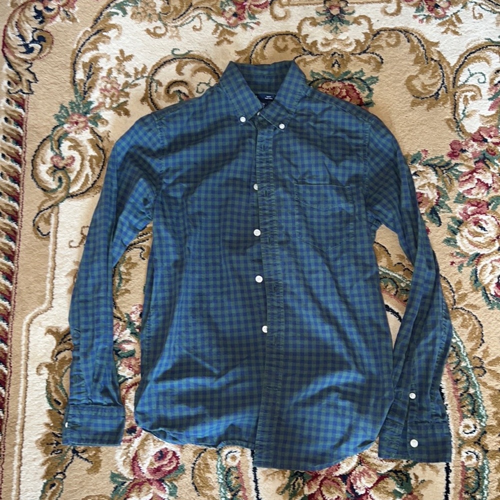 Gap green and blue plaid slim fit long-sleeved button down shirt